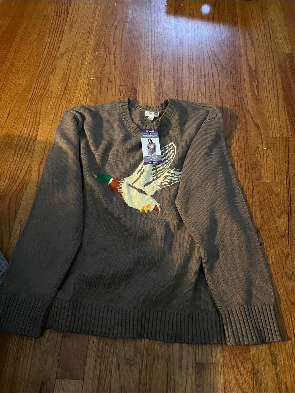 Mighty Fine Brown Crewneck Sweater with Mallard Intarsia